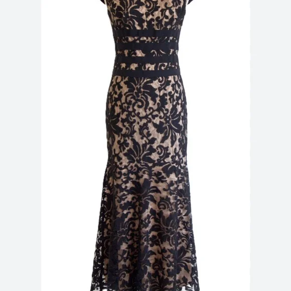Tadashi Shoji Banded Lace  Black and Tan Maxi Gown with Flutter Cap Slee… - Picture 3 of 12